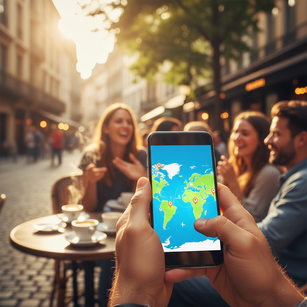 hands holding a smartphone with a world map, blurred cafe background