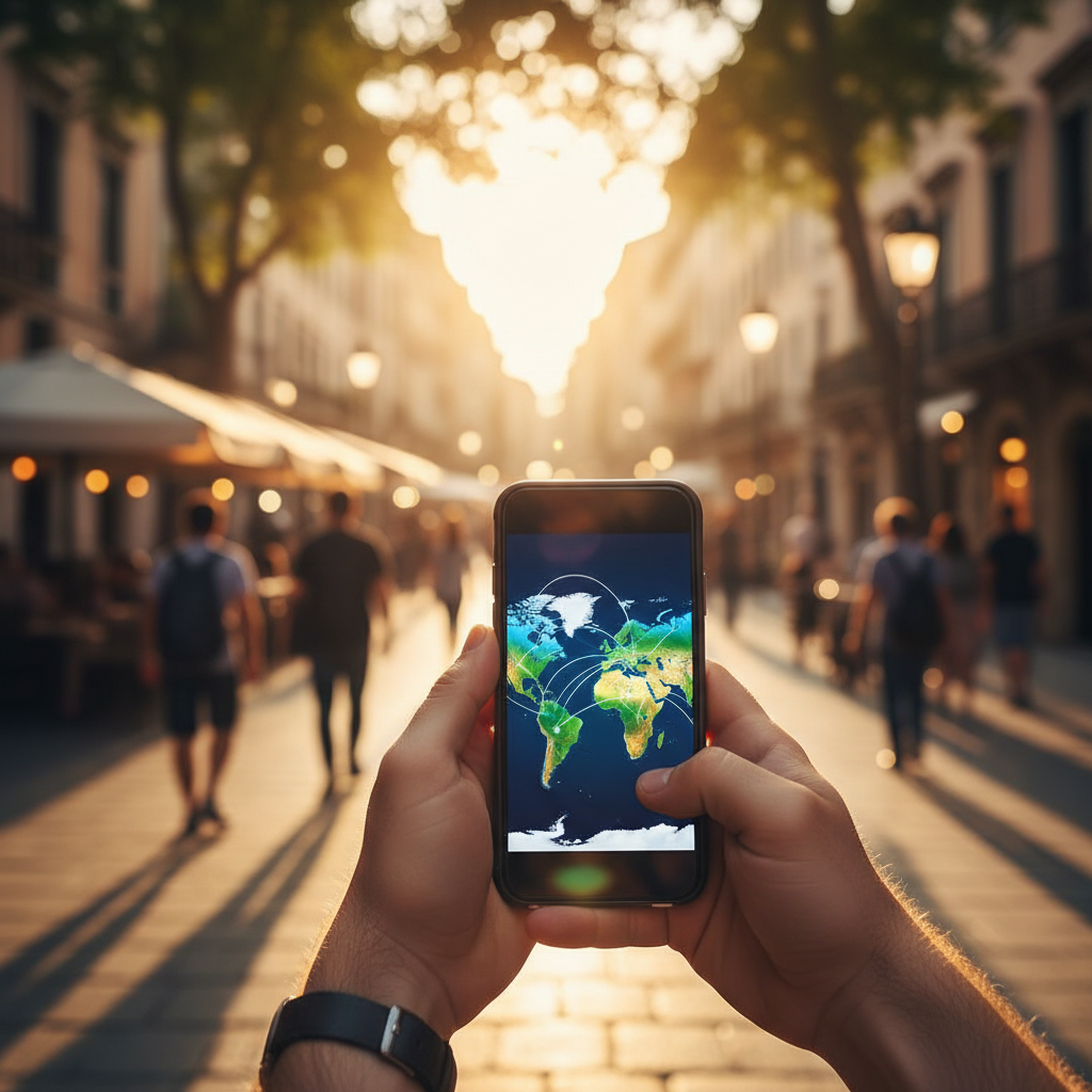 hands holding a smartphone with a world map, city street in soft focus