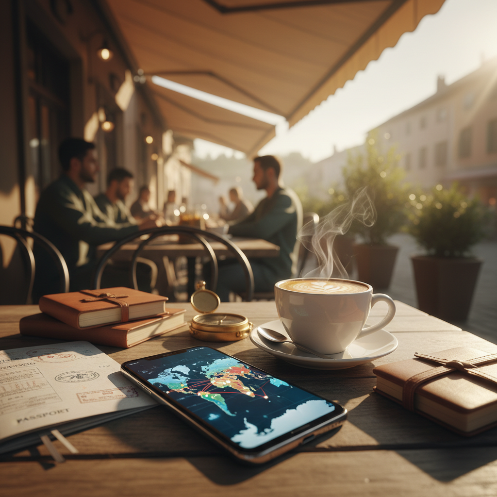 a modern smartphone on a cafe table with a passport and coffee